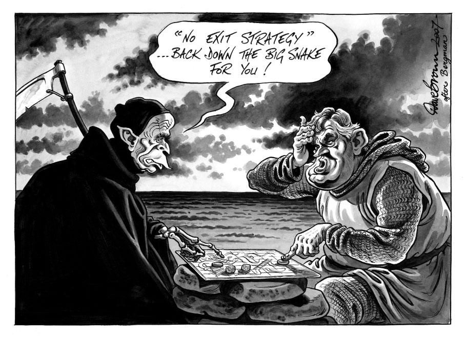 The Idependent cartoon on U.K. Prime Minister Gordon Brown's meeting with President George W. Bush in Washington. that coincided with the departure of the Sweden film artist Ingmar Bergman. Cartoon imitating the famous scene from The Seventh Seal (1957), appeared in the next day's paper, July 31, 2007.