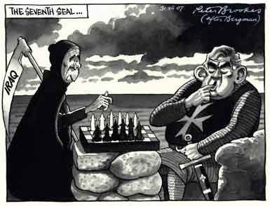 The Times cartoon on U.K. Prime Minister Gordon Brown's meeting with President George W. Bush in Washington. that coincided with the departure of the Sweden film artist Ingmar Bergman. Cartoon imitating the famous scene from The Seventh Seal (1957), appeared in the next day's paper, July 31, 2007.