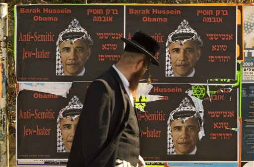 Posters of the so-called US president Al-Buraq Hussein Abu-Ommo spread along the whole road between Tel Aviv and Jerusalem prior to Israeli Prime Minister Benjamin Netanyahu anxiously awaited peace policy speech at Bar Ilan University's Begin-Sadat Center of Strategic Studies, Jerusalem, June 14, 2009.