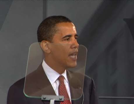 The so-called US President Al-Buraq Hussein Abu-Ommo speaks as usual through his teleprompter, February 2009.