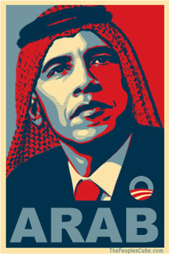 An artwork poster posing the so-called US president Al-Buraq Hussein Abu-Ommo as an arab, late 2008.