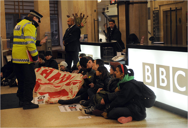Demonstrators conduct a sit-in at BBC headquarters to protest the broadcasters refusal to carry a video appeal for relief aid for Gazans, January 26, 2008.
