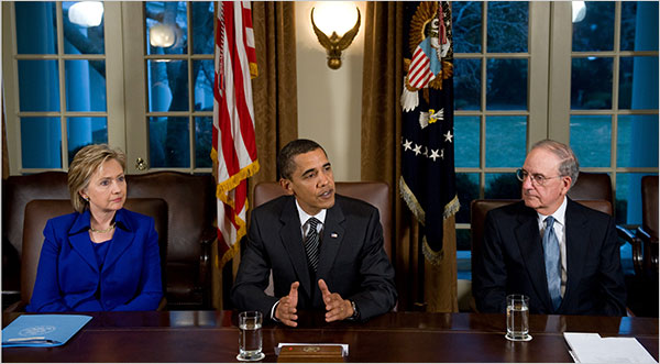 Barack Hussein Obama with Secretary of State Hillary Rodham Clinton and special envoy to the Middle East George J. Mitchell in the Cabinet Room of the White House, January 26, 2008.