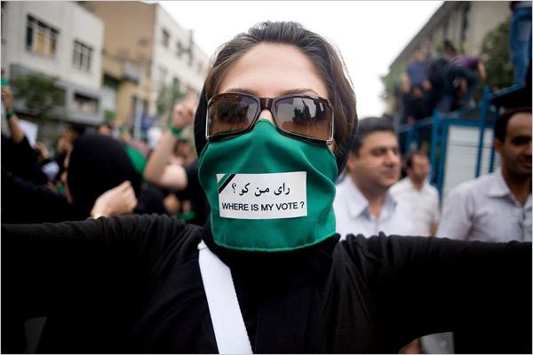Young people mainly dressed in the latest Western fashions demonstrate against the Islamic regime, Tehran, June 18, 2009.