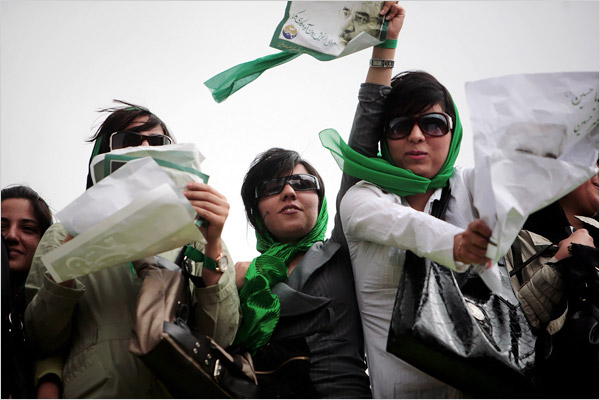 Supporters of former Prime Minister Mir Hussein Moussavi, mainly young people dressed in the latest Western fashions, during his address at a stadium, Karaj, Iran, June 6, 2009.