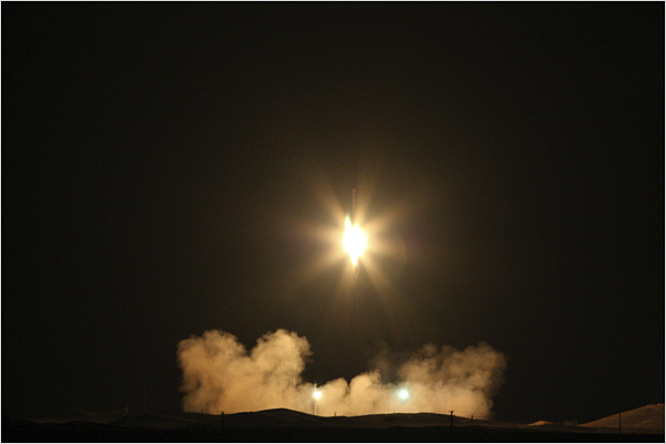 Launching of Iranian rocket bearing a satellite called Omid, or Hope, with a rocket experts say its first and second stages were based on North Korean designs, February 3, 2008.