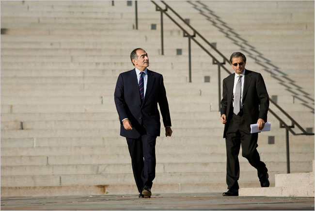 Morgan Stanley CEO John Mack, left, and Citigroup CEO Vikram Pandit leave a meeting at the Treasury Department, October 13, 2008.