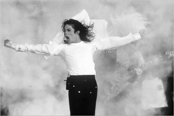Michael Jackson performs as the star of the halftime show at Super Bowl XXVII, the Rose Bowl, 1993.