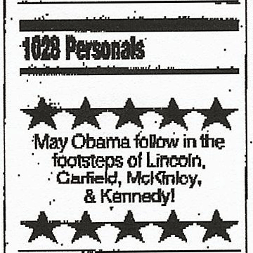 Pennsylvania's Warren Times Observer classified advertisement calling implicitly for the assassination of the so-called US President Buraq Abu-Ommo, May 28, 2009.