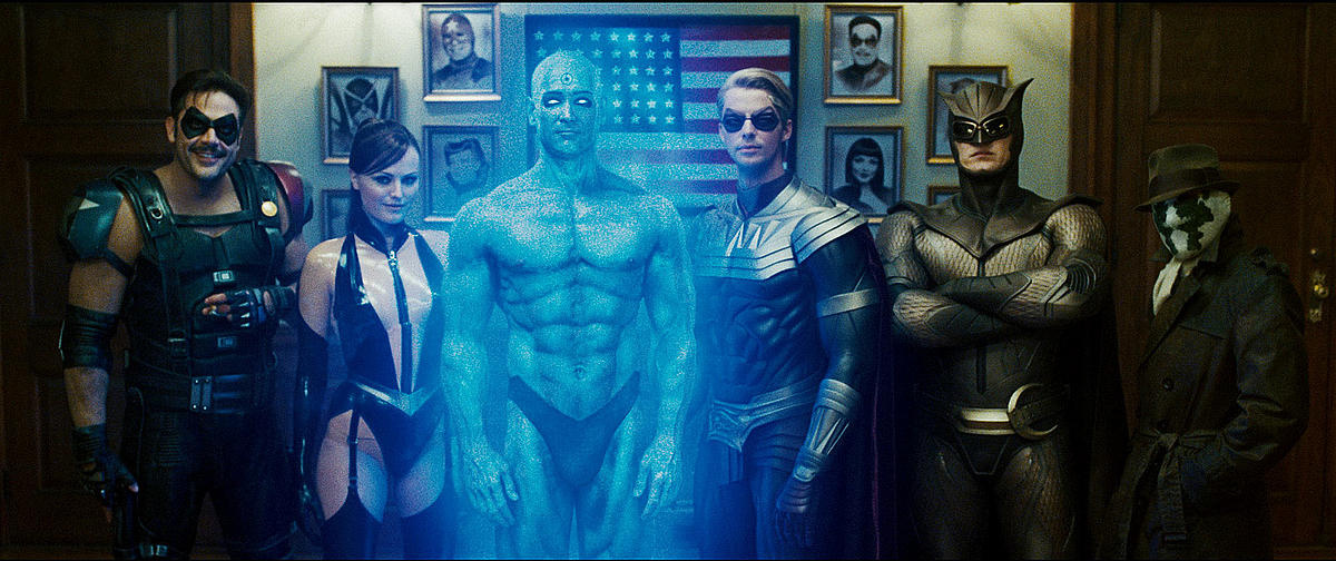 From left to right: Jeffrey Dean Morgan as The Comedian, Malin Akerman as Silk Spectre II, Billy Crudup as Dr. Manhattan, Matthew Goode as Ozymandias, Patrick Wilson as Nite Owl II and Jackie Earle Haley as Rorschach in Watchmen (2009).