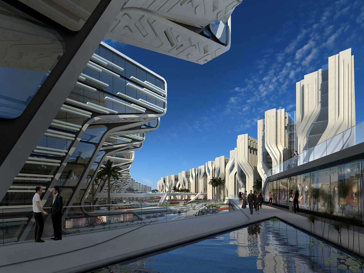 A proposal designed, May 2009, by Zaha Hadid Architects for Stone Towers, a 525,000 square meter office, shopping and hotel scheme, intended to be built in Cairo's Stone District.