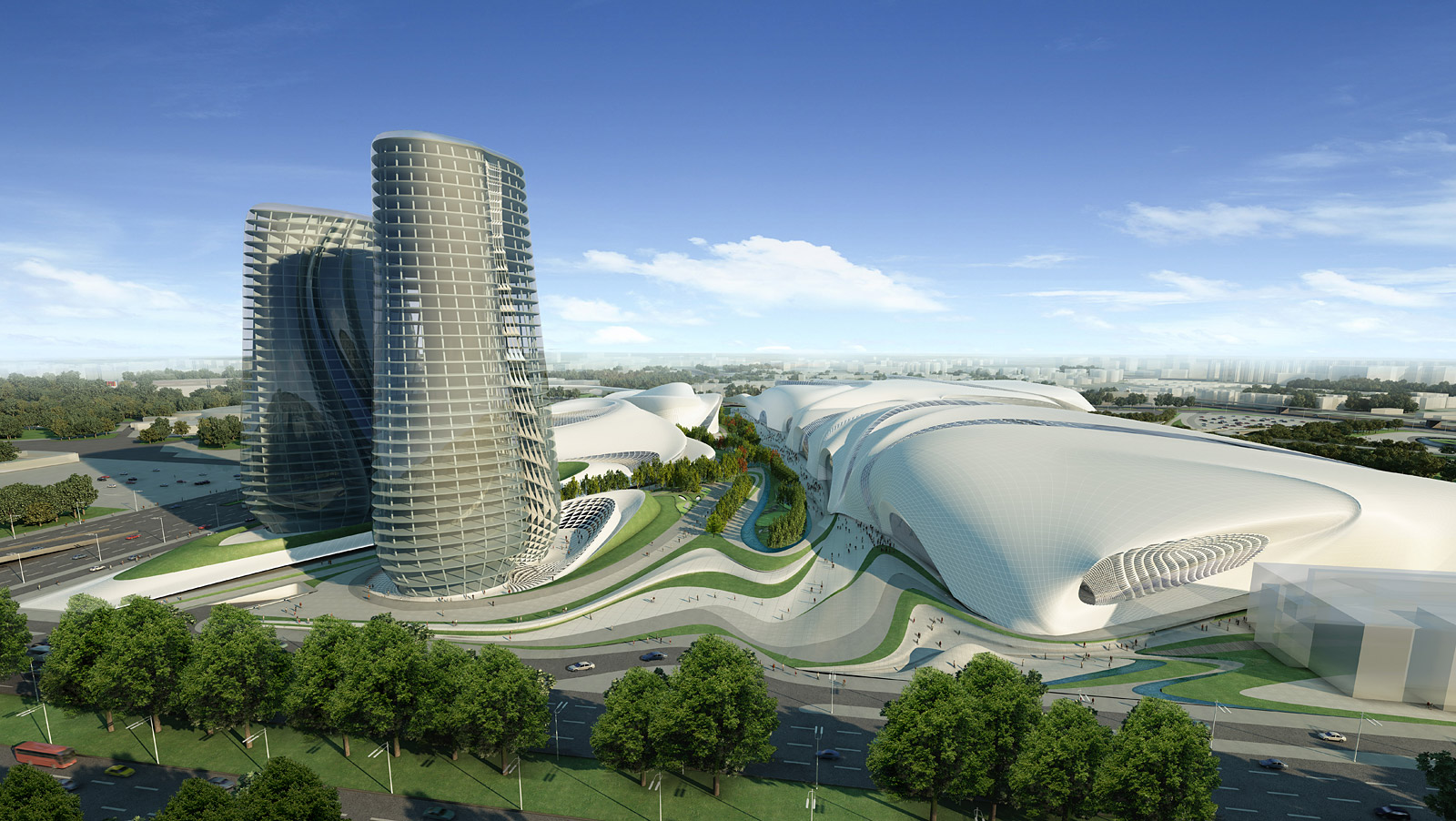 Cairo Expo City, a 450,000 square meter state of the art city for exhibitions and conferences near Cairo Airport, is designed by Zaha Hadid Architects, declared winner in May 24, 2009, and scheduled to be finished in early 2012.