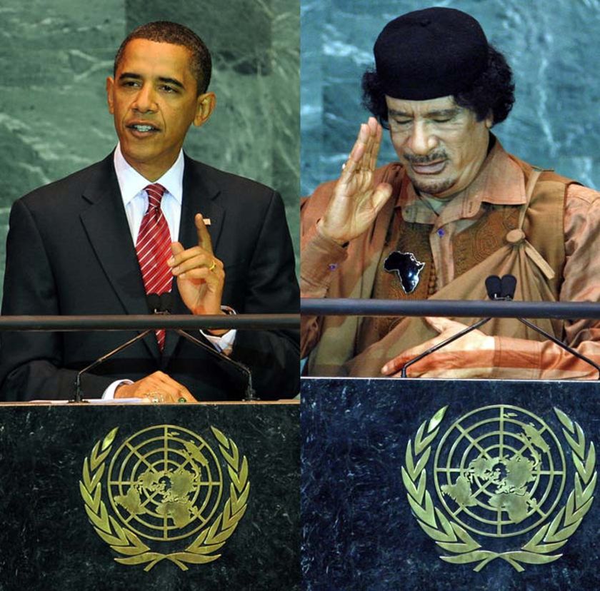 Al-Buraq Hussein Abu-Ommo and Libyan leader Muammar Al-Qaddafi speaks at the UN General Assembly, New York, September 23, 2009.