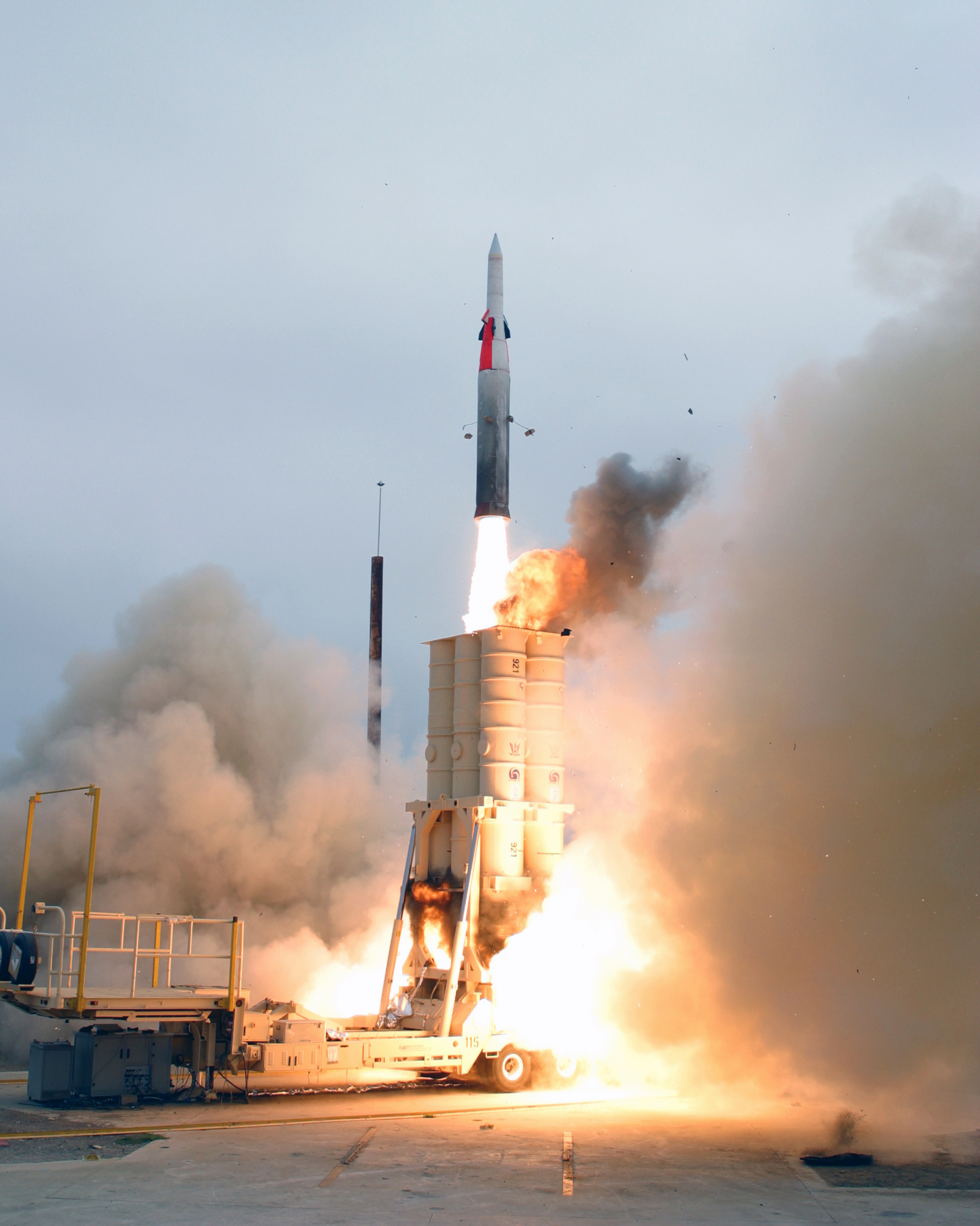 An Arrow-2 anti-ballistic missile launches to intercept an incoming target missile as part of a joint test program between the United States and Israel, the Point Mugu Sea Range, California, July 29, 2004.