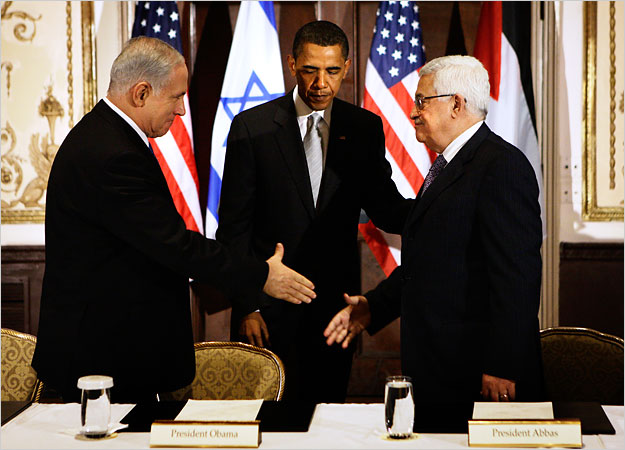 Israeli Prime Minister Benjamin Netanyahu meets Palestinian Authority President Mahmoud Abbas, as the so-called U.S. President Al-Buraq Hussein Abu-Ommo attending, New York, September 22, 2009.