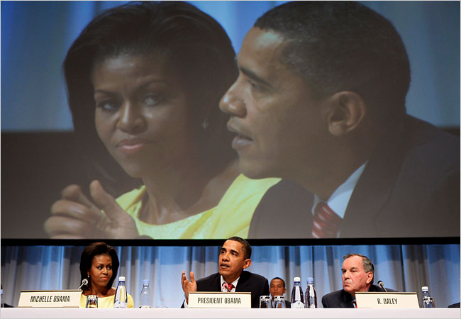 Al-Buraq Hussein Abu-Ommo, along with Michelle Abu-Ommo and Chicago Mayor Richard M. Daley, address the International Olympic Committee desperately trying to persuade its members to award the Summer Games of 2016 to their gangster town, Copenhagen, October 2, 2009.