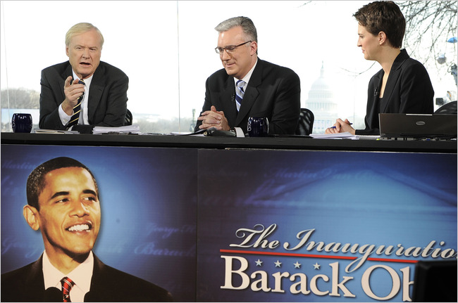 From left, Chris Matthews, Keith Olbermann and Rachel Maddow of MSNBC TV channel, covering the so-called 'inauguration' of Al-Buraq Hussein Abu-Ommo, January 20, 2009.