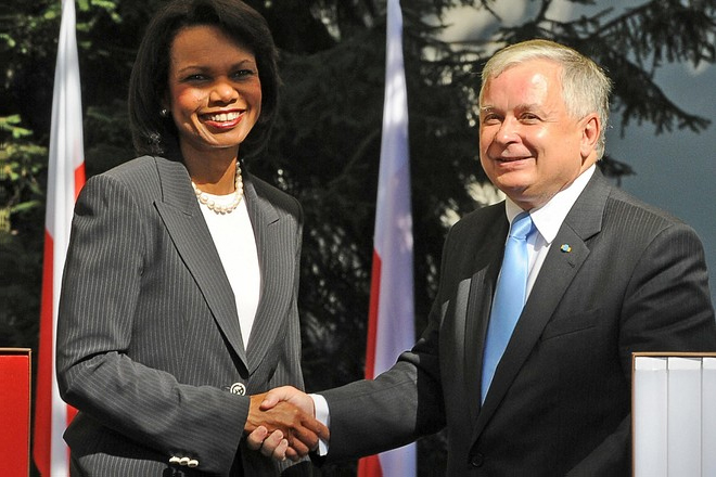 U.S. Secretary of State Condoleezza Rice with Polish President Lech Kaczynski after meeting, a presidential palace, Warsaw, Poland, August 2008.