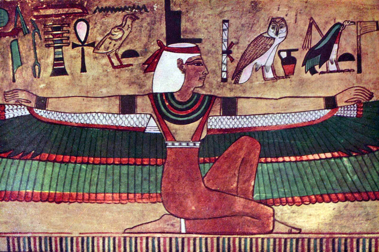 Kneeling figure of Isis with wings outstretched, decorating the tympanum above the east wall of the burial chamber in the tomb of Seti I, the Valley of the Kings, Western Thebes, Luxor, Egypt.