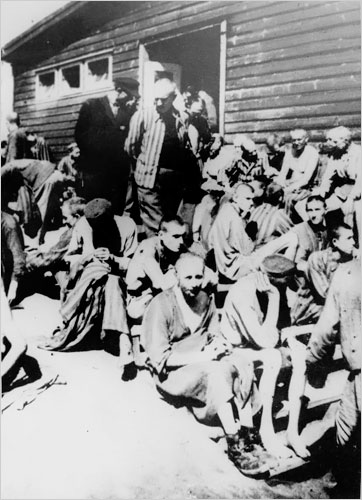 Prisoners outside the hospital barracks at the Mauthausen concentration camp in Austria, where Dr. Aribert Ferdinand Heim was known as Dr. Death, in a photo made by a Swiss prisoner during World War II.