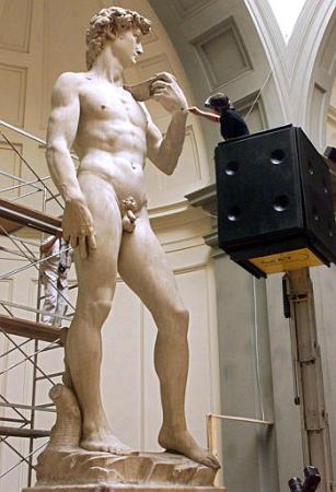 Michelangelo's marble statue of David (1504), Florence, Italy, first major cleanup since 1873, September 16, 2002.