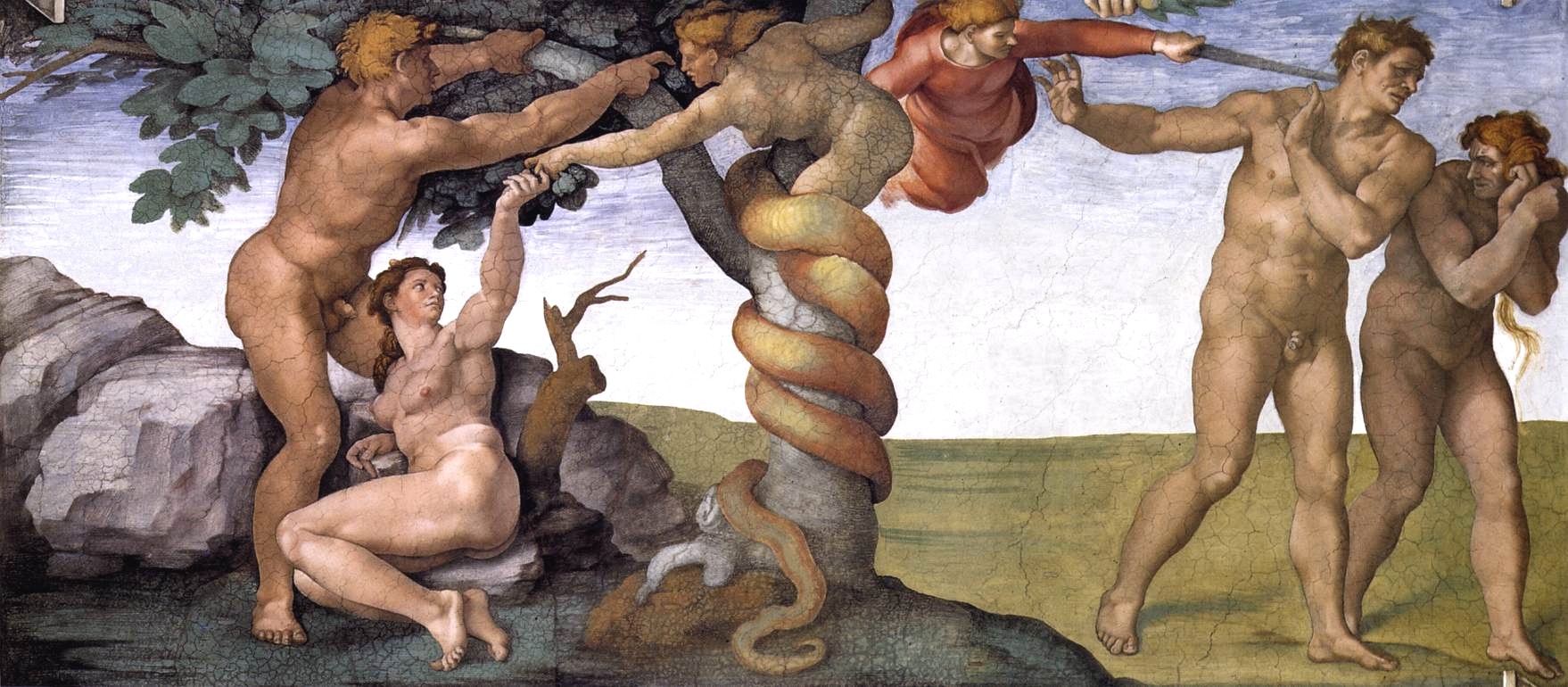 Michelangelo's 'Temptation and Fall' (or The Fall and Expulsion from Garden - or The Forbidden Fruit) from Sistine Chapel Ceiling, Rome (1509)