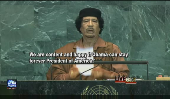 Libyan leader Muammar Al-Qaddafi speaks at the UN General Assembly, New York, September 23, 2009.