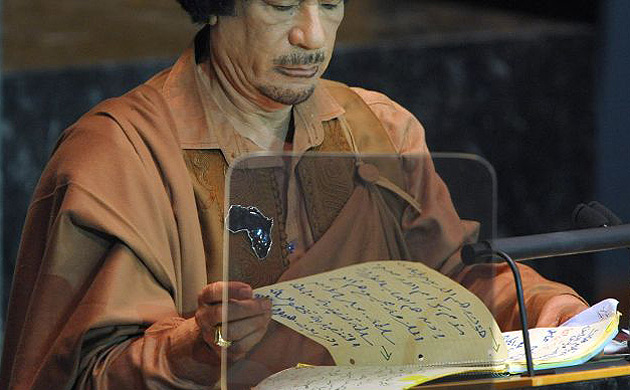 Libyan leader Muammar Al-Qaddafi speaks at the UN General Assembly, New York, September 23, 2009.