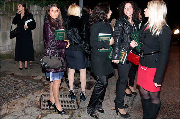 Hundreds of glamorously dressed women, aged between 18 and 35 years old, employed by an Italian modeling agency and taken to the Libyan Ambassadors residence, just to find the Libyan leader Muammar Al-Qaddaf giving each of them a copy of the Quran and enticing them to convert to Islam, Rome, November 15, 2009.