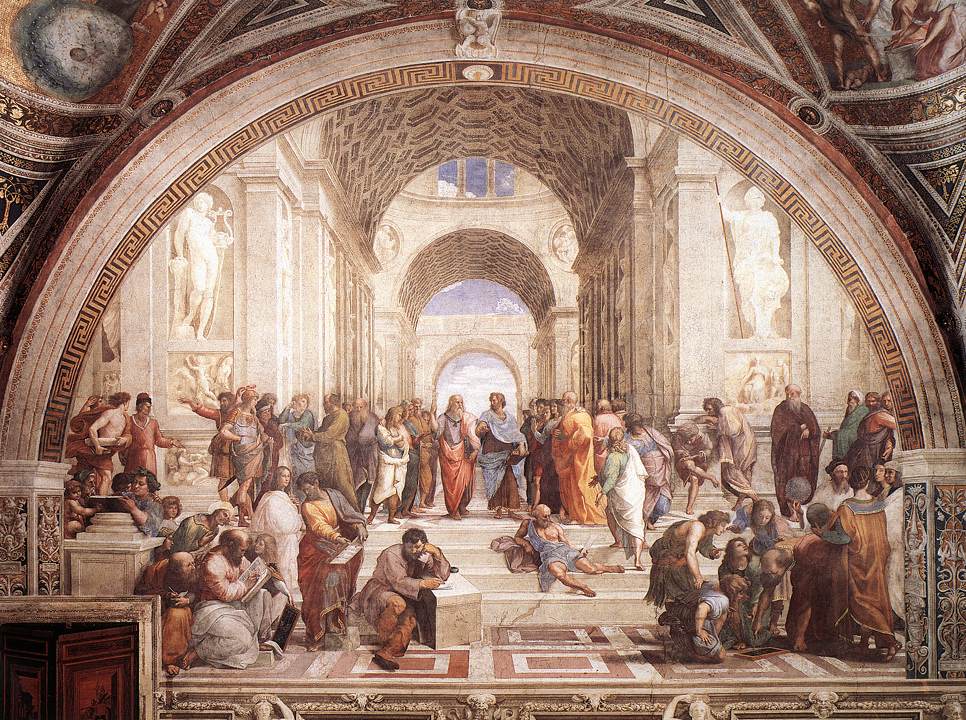 Raphael's painting 'The School of Athens' (1509-1510, fresco, 770 x 500 cm, Apostolic Palace, Vatican City, Rome)