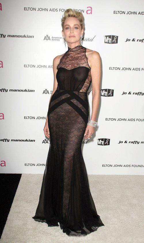 Sharon Stone wearing a very revealing dress at 17th Annual Elton John AIDS Foundation Academy Awards Viewing Party, the Pacific Design Center, West Hollywood, California, February 22, 2009.