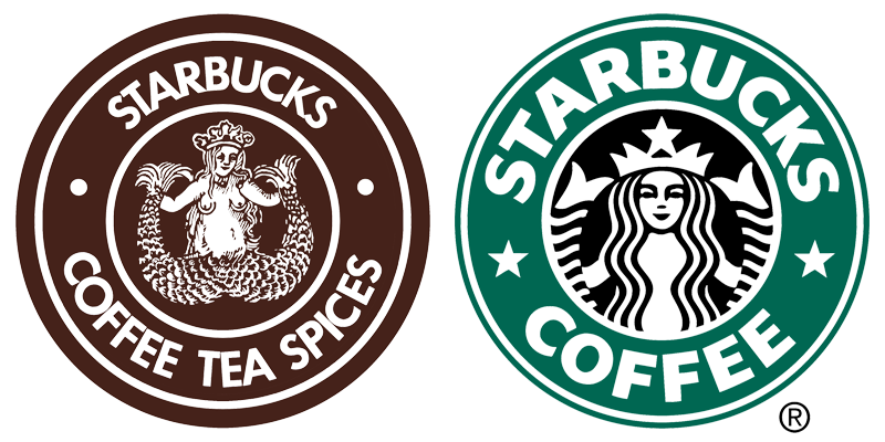 Starbucks logos, as started in 1971 and the current version, used since 1992.