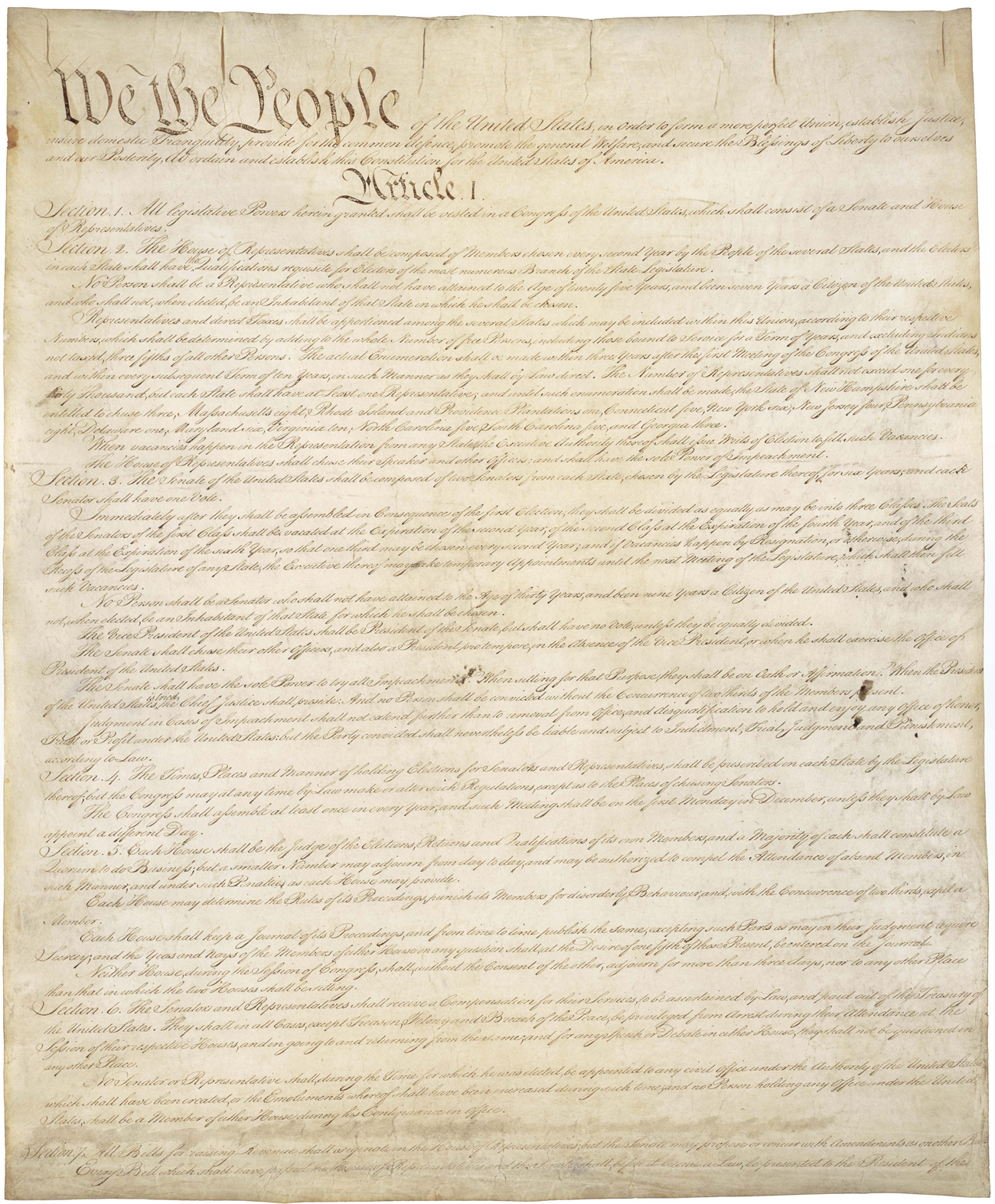 The first of the four pages of the United States Constitution that was adopted on September 17, 1787, by the Constitutional Convention in Philadelphia, Pennsylvania, and ratified by conventions in each U.S. state in the name of 'The People.' 