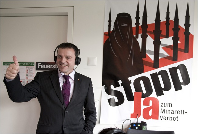 Walter Wobmann, president of the committee 'Yes for a Ban on Minarets,' declares the comfortable win of referendum on banning construction of minarets, Egerkingen, Switzerland, November 29, 2009.