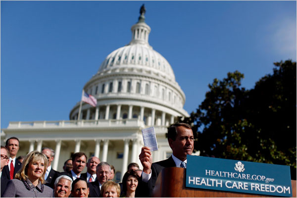 'This bill is the greatest threat to freedom that I have seen in the 19 years I've been in Washington,' Representative John A. Boehner of Ohio, the Republican leader tells hundreds of thousands of taxpayers who stormed Washington, D.C., to take their fight against the health care bill to the front door of the U.S. Capitol, November 5, 2009.