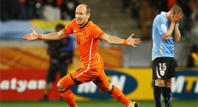 Netherlands' Arjen Robben celebrates scoring the third goal during the 2010 FIFA World Cup Semi Final match in which Netherlands won Uruguay 3-2, Green Point Stadium, Cape Town, South Africa, July 6, 2010.