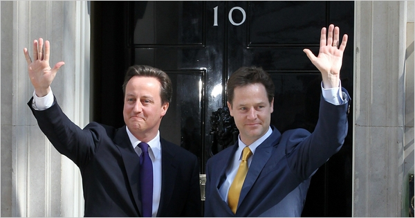 Britains newly appointed Prime Mnister, David Cameron, and his deputy, the Liberal Democratic leader Nick Clegg, outside 10 Downing Street, May 12, 2010.