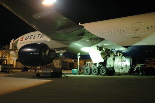 A landing gear of the Delta Airlines Boeing 777-200 plane coming from New York, in which a black man's body was found, Narita International Airport, east of Tokyo, Japan, February 7, 2010.