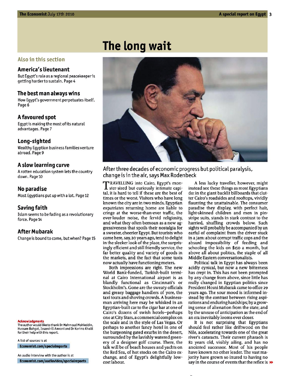 The Economist's 'A Special Report on Egypt ,' July 17-23, 2010 issue.