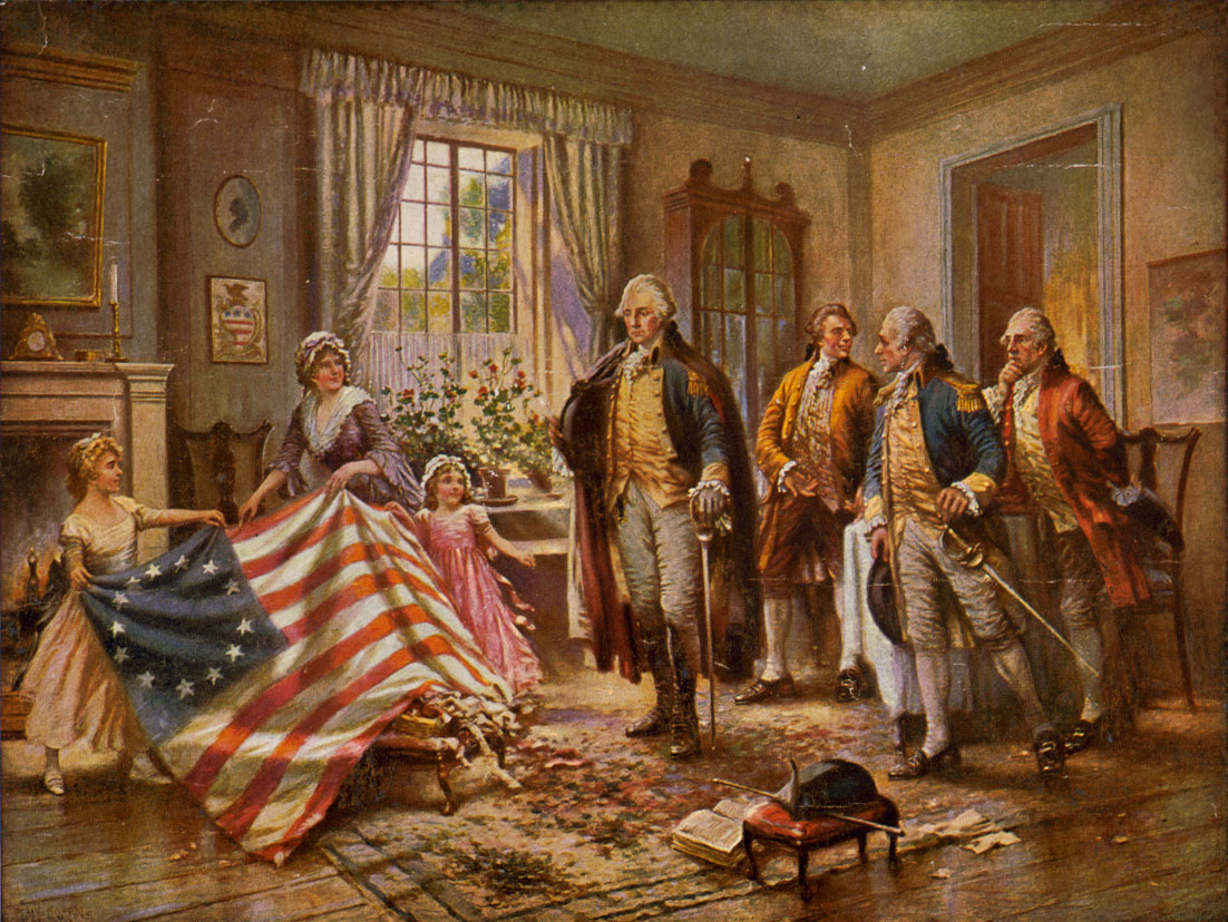 Edward Percy Moran's 'The Birth of Old Glory' from c. 1917, depicting what is presumed to be Betsy Ross and two children presenting the 'Betsy Ross flag' to George Washington and three other men. 