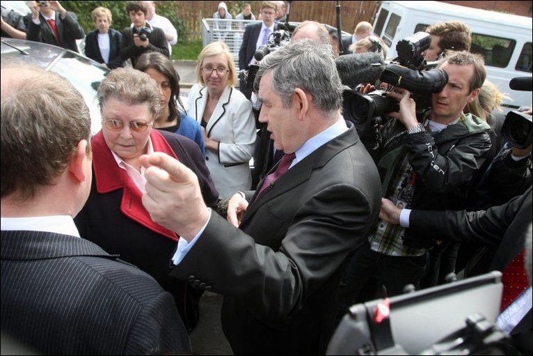 U.K. Prime Minister Gordon Brown engages Gillian Duffy in conversation about immigration and crime, after which he has been caught on microphone describing her as a 'bigoted woman,' Rochdale, April 28, 2010.