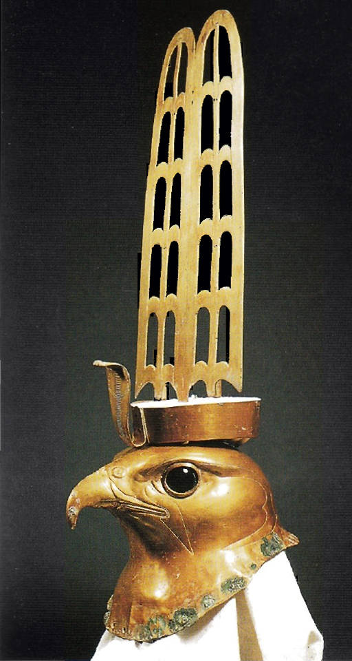 Golden head of an image of the Horus falcon with polished obsidian eyes, from Hierakonpolis, one of the earliest cult centers of Horus, 6th dynasty, moved to Egyptian Museum, Cairo.