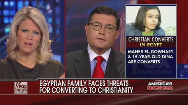 Martha MacCallum and her guest Leonard Leo, the chairman of the US Commission of the International Religious Freedom, discuss the Egyptian converts from Islam to Christianity, Maher Al- Gawhary and daughter Dina, struggle against discrimination, Fox News Channel, January 28, 2010.