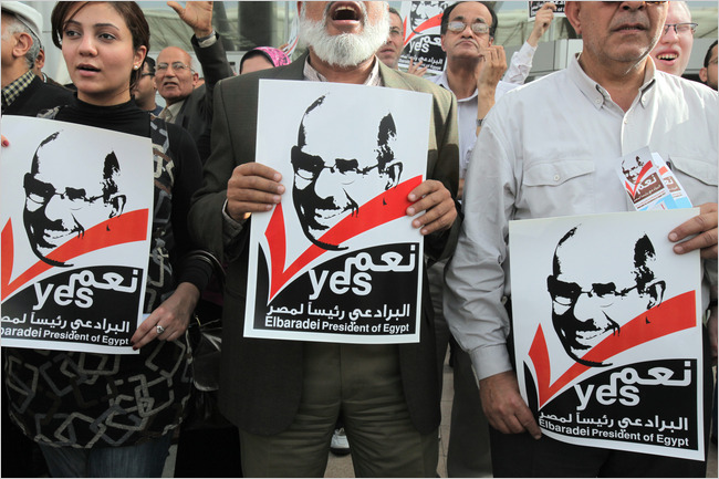 Hundreds of supporters of Muhammad al-Baradei gather at Cairo airport to await his return to Egypt, February 19, 2010.