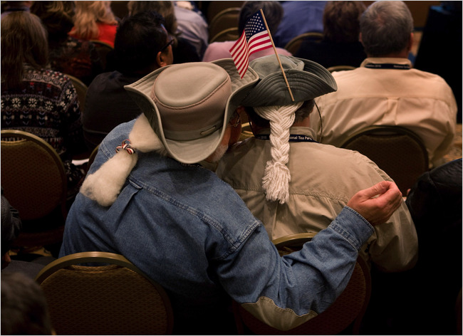 Affectations from the Revolutionary War at the National Tea Party event The National Tea Party Convention as addressed by Sarah Palin, Nashville, February 6, 2010.