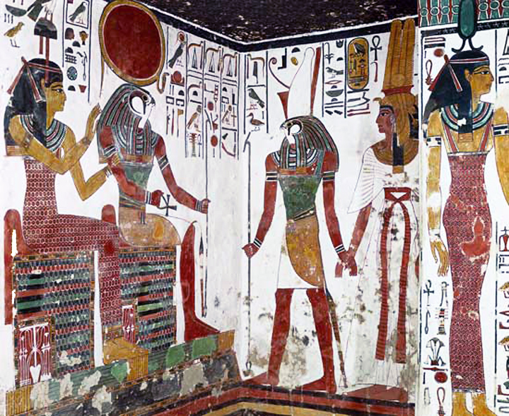 Nefertari is brought by Horus before the god Re-Horakhty and the goddess Hathor depicted in the form of Imentet (Goddess of the West), with the falcon on her head representing the hieroglyphic sign for 'west', 19th dynasty, the famously regarded as the most beautiful tomb of Ancient Egypt, tomb of Nefertari, the favorite wife of Ramses II, the Valley of the Queens, Western Thebes, Luxor, Egypt.