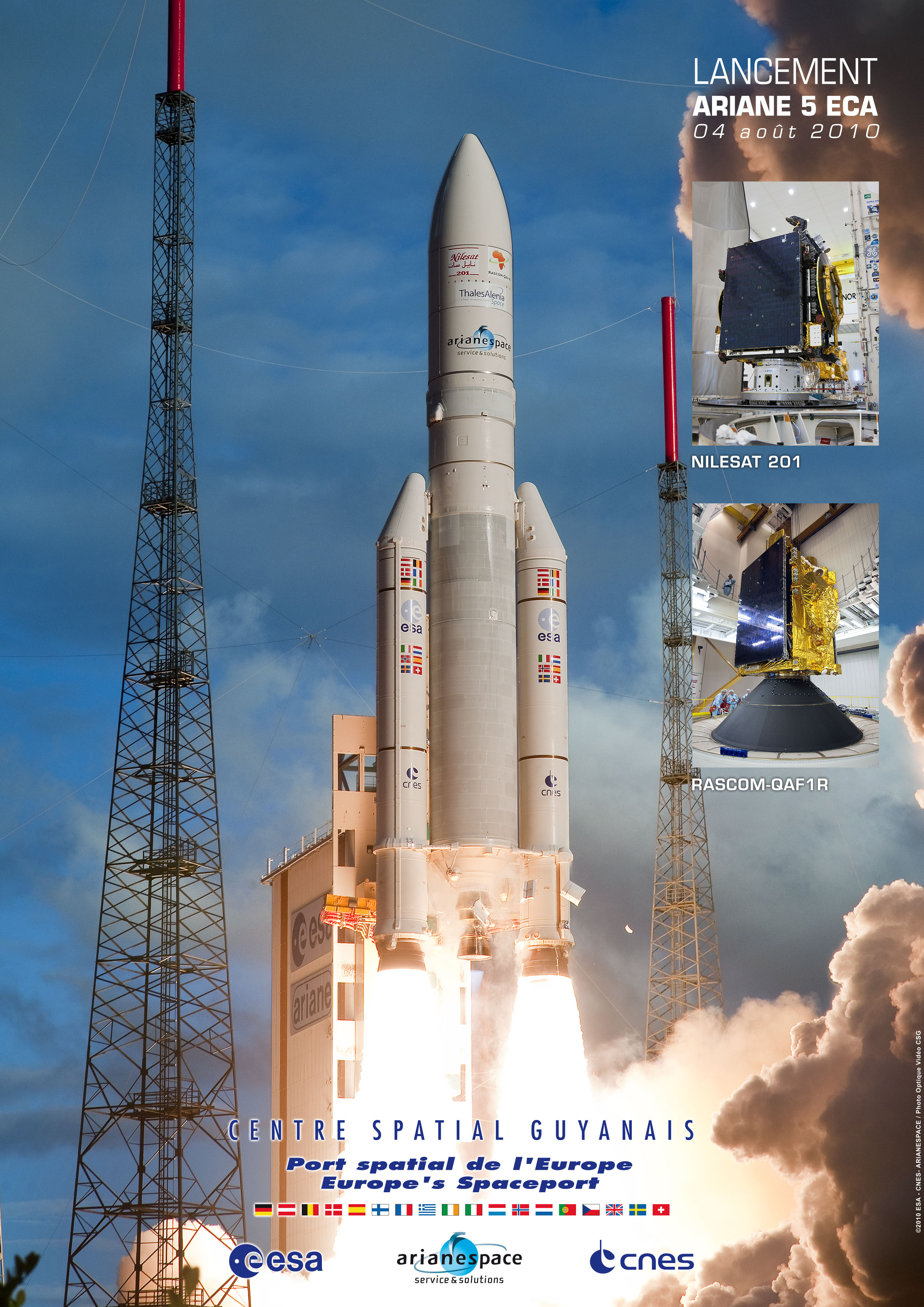 Launch of Ariane 5 ECA mission with NileSat 201 and Rascom-Qaf1R satellites, August 4, 2010.