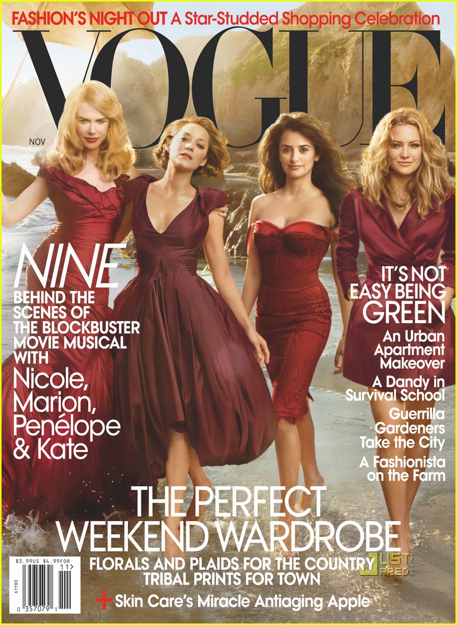 Stars of 'Nine' (2009), Nicole Kidman, Marion Cotillard, Penlope Cruz and Kate Hudson, as appeared on Vogue magazine cover of November 2009.