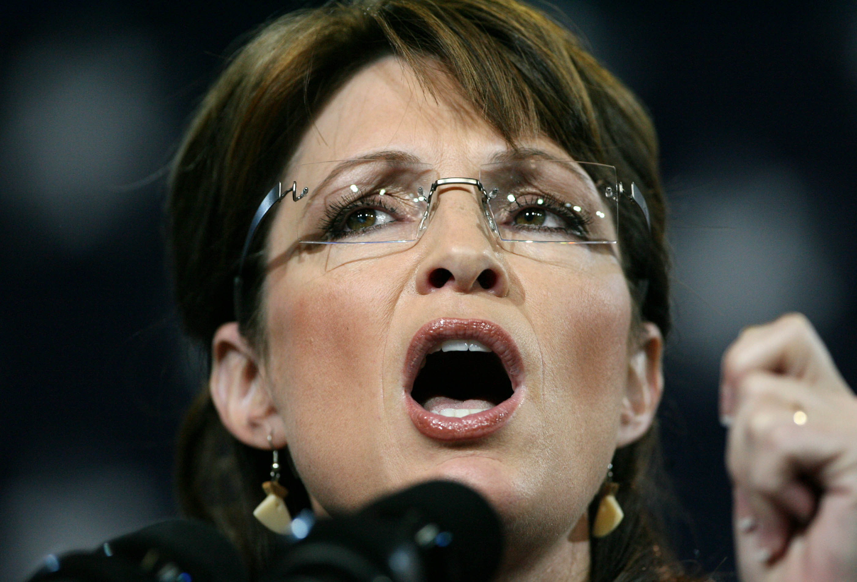 Governor Sarah Palin of Alaska, Senator John McCain's running mate as vice presidential for the 2008 United States presidential election, during a campaign rally, 2008.