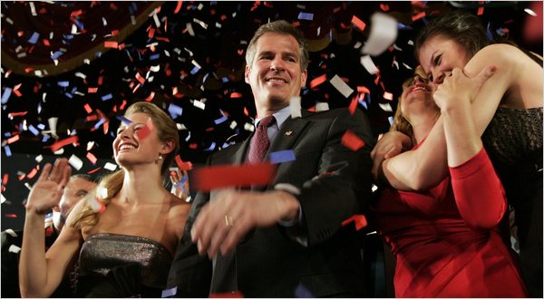 Scott Brown, Republican candidate for the Senate, celebrates with his daughters Arianna, left, and Ayla, right, and his wife Gail after winning the election, Park Plaza Hotel, Boston, Massachusetts, January 19, 2010.